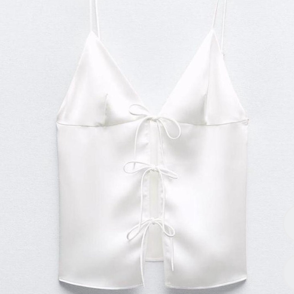 ZARA White Silk Top
NWT
Never Worn
Not sold anymore 
Tie detailing on the front